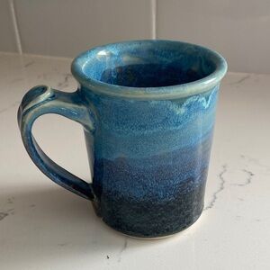 Hand Thrown Studio Pottery Mug Blue Ocean Glaze Smiley Stamp Artisan Ceramic Cup